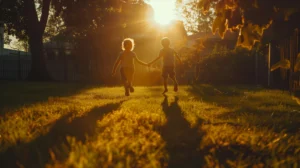 Kids playing outdoors in morning sunlight for healthy circadian rhythm