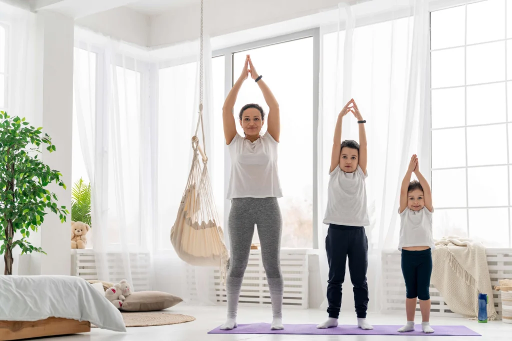 Family exercising together in a home gym