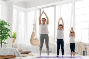 Family exercising together in a home gym